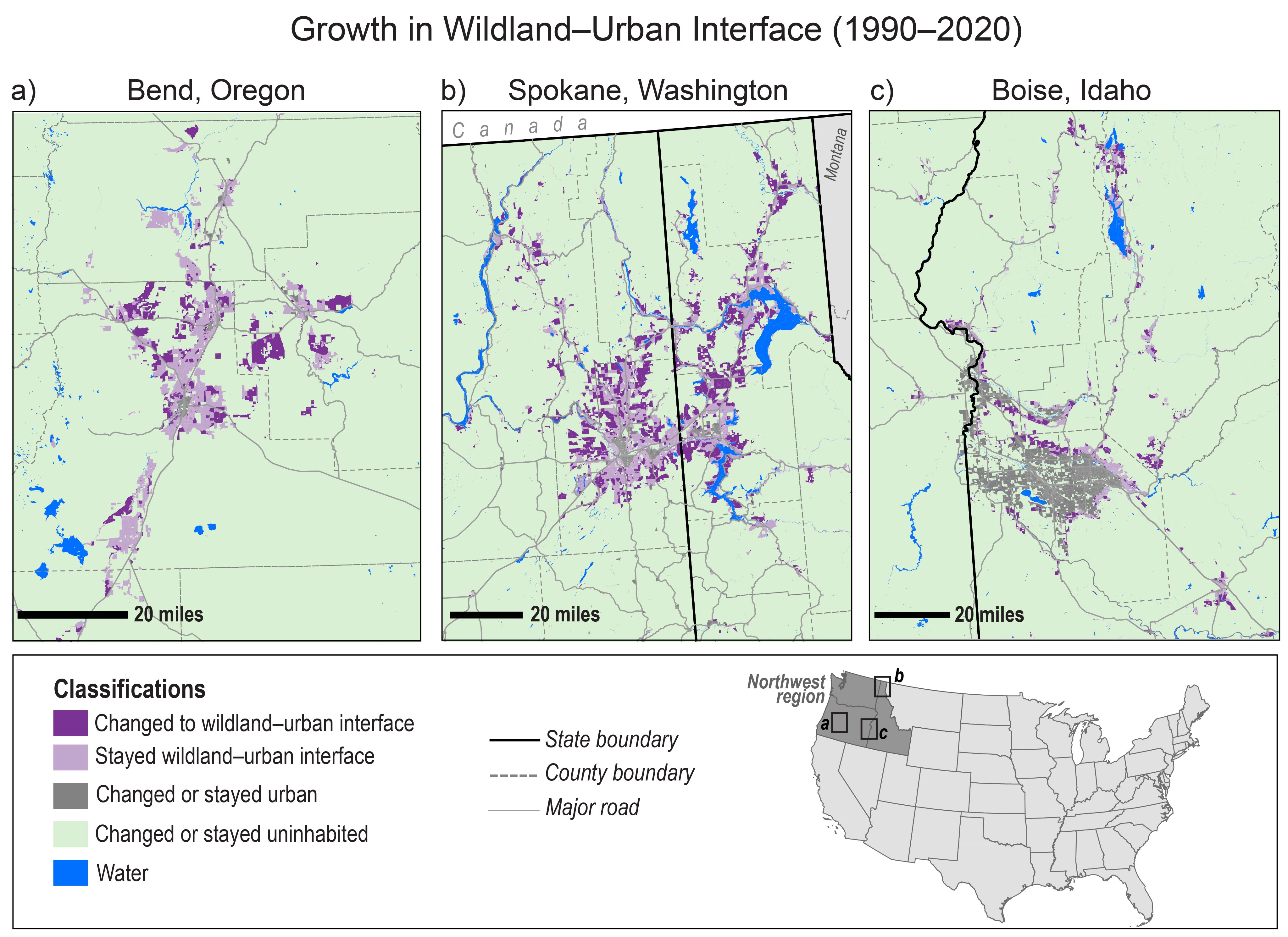 Growth in Wildland–Urban Interface (1990–2020)