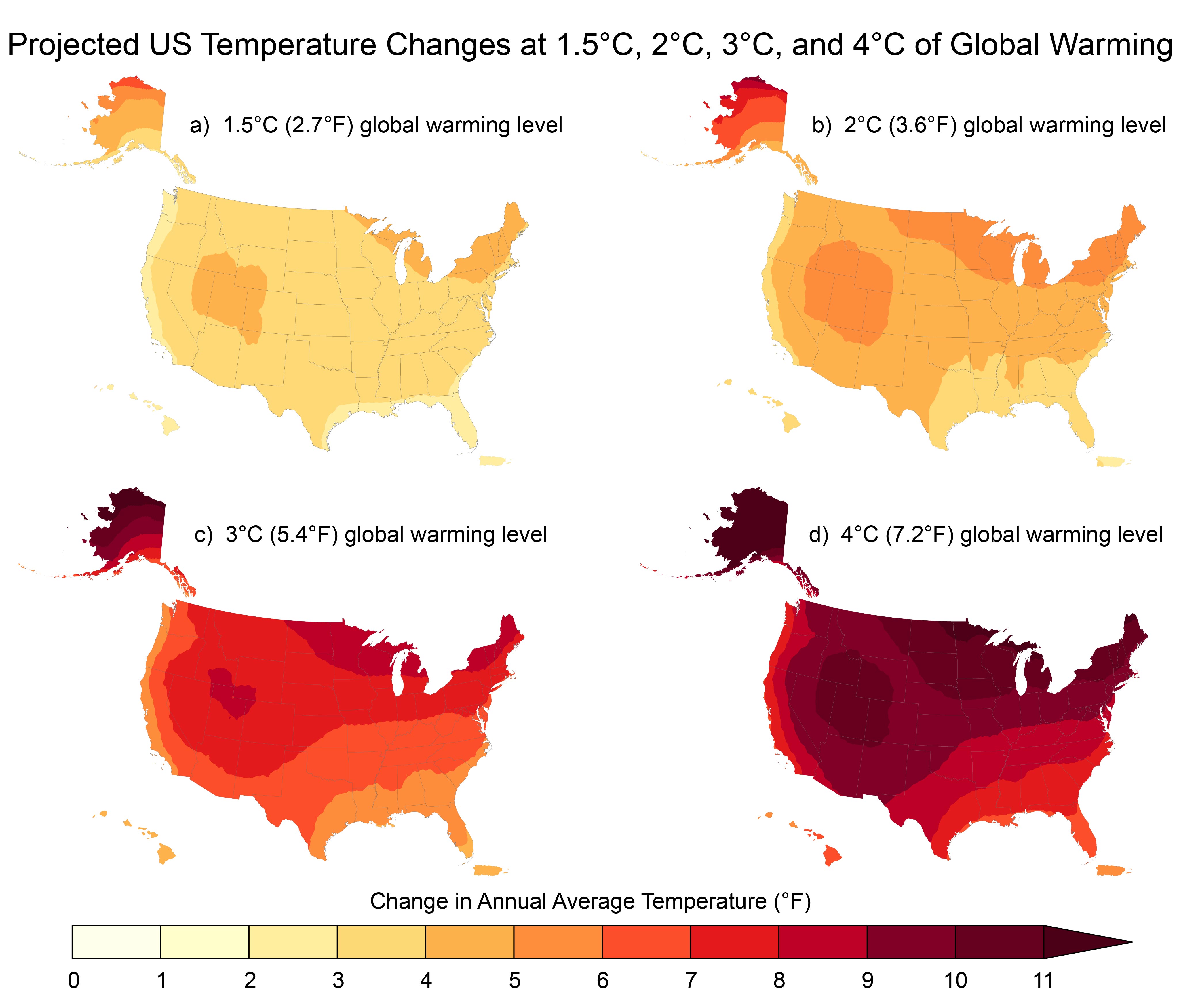 Projected US Temperatures Changes at 1.5°C, 2°C, 3°C, and 4°C of Global Warming