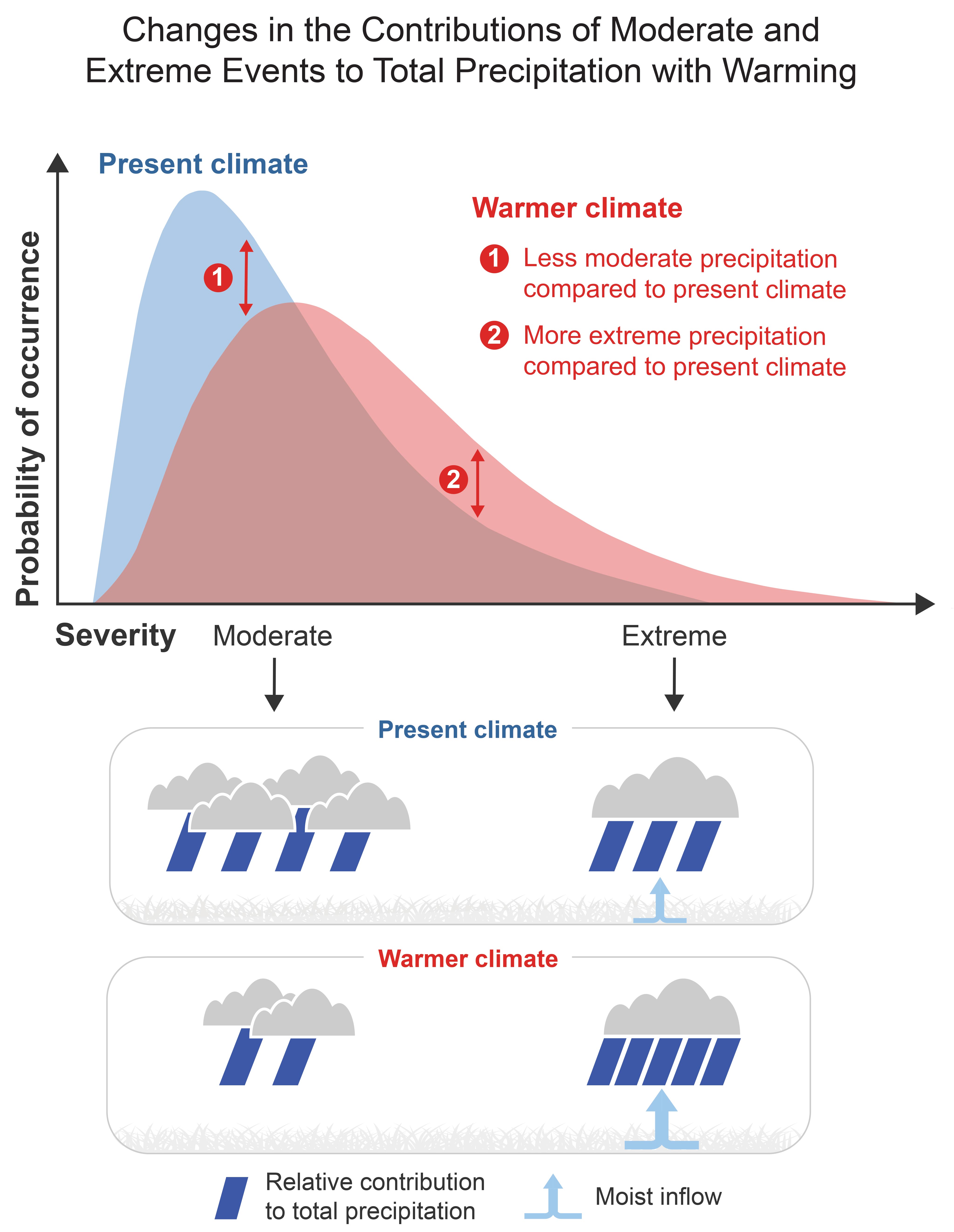 Changes in the Contributions of Moderate and Extreme Events to Total Precipitation with Warming